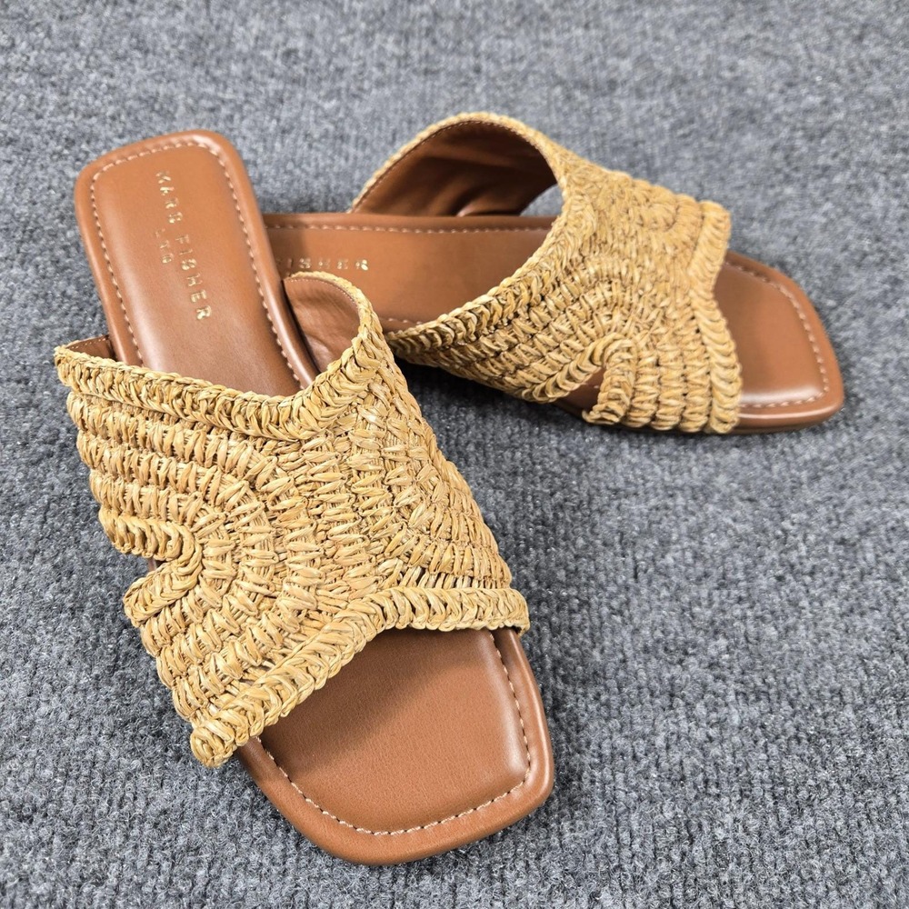 Marc Fisher LTD Woven Raffia Slide Sandals Womens 11 Natural Tan Flat Square Toe